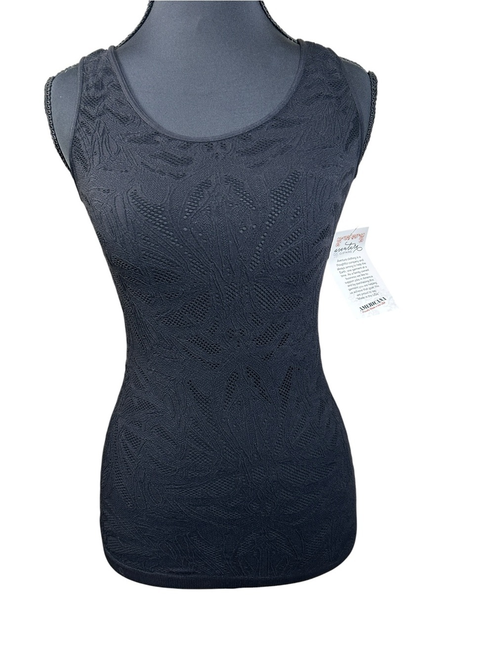 Aventura Clothing Black Lace Pattern Scoop Neck Tank Size S/M NWT
